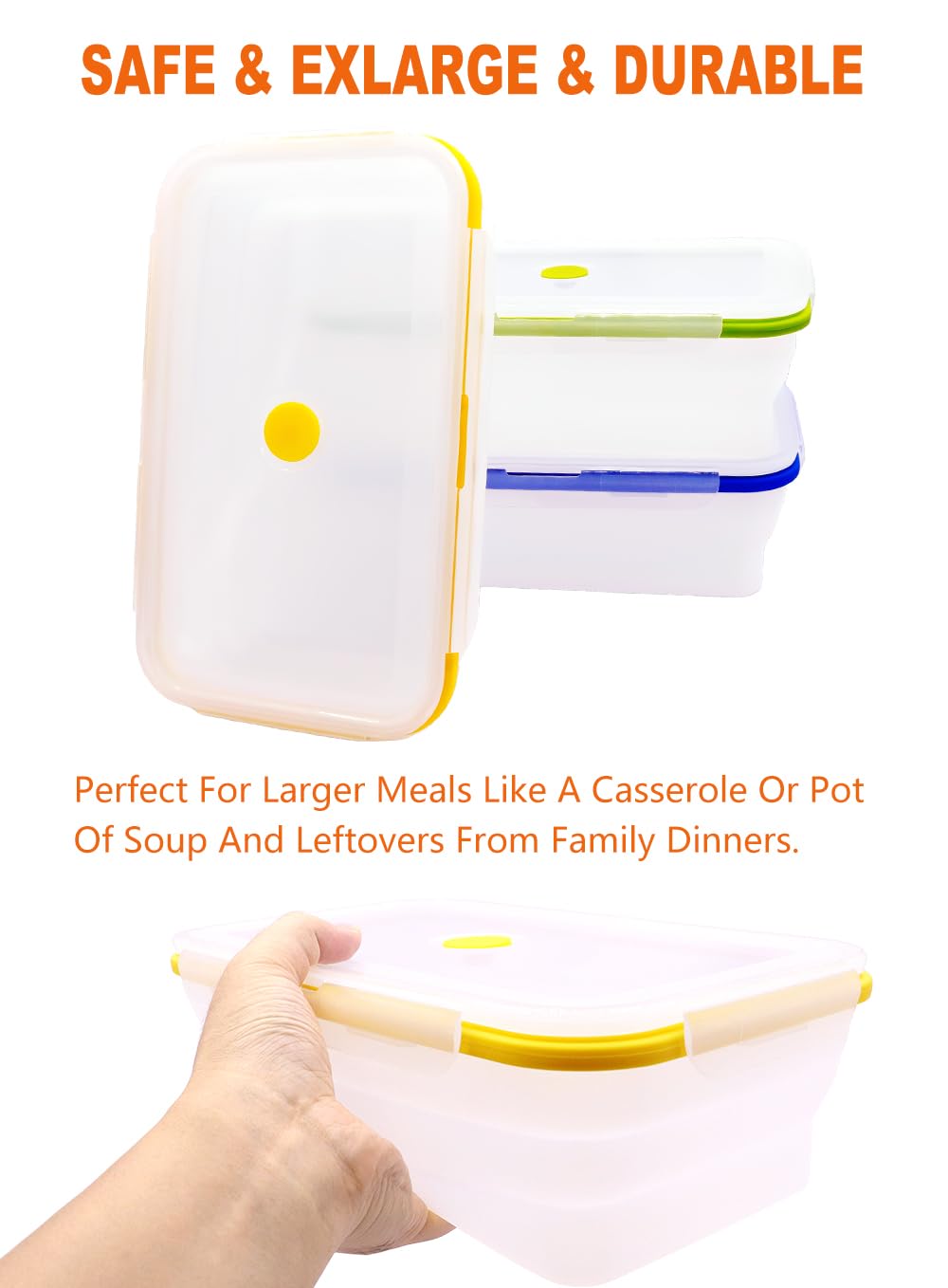 Extra große, faltbare transparente Silikon-Frischhaltedosen mit Deckel, 2,5 l, 3 Stück, XXL, faltbare Bento-Lunchbox, wiederverwendbare große Mahlzeiten-Boxen für Küche, Camping, BPA-frei (3