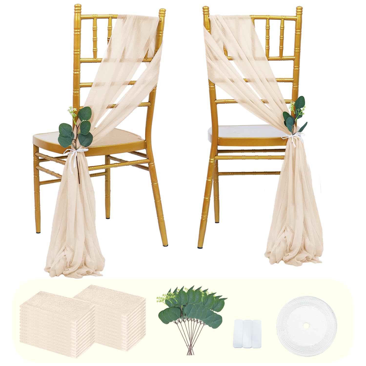 FUHSY Champagne Chair Sashes 24 Pack 8FT Long Wedding Chair Decorations Sheer Draping Fabric Chairs Sashes Bows for Wedding Ceremony Aisle Bridal Shower Birthday Party Church Chairs Decor