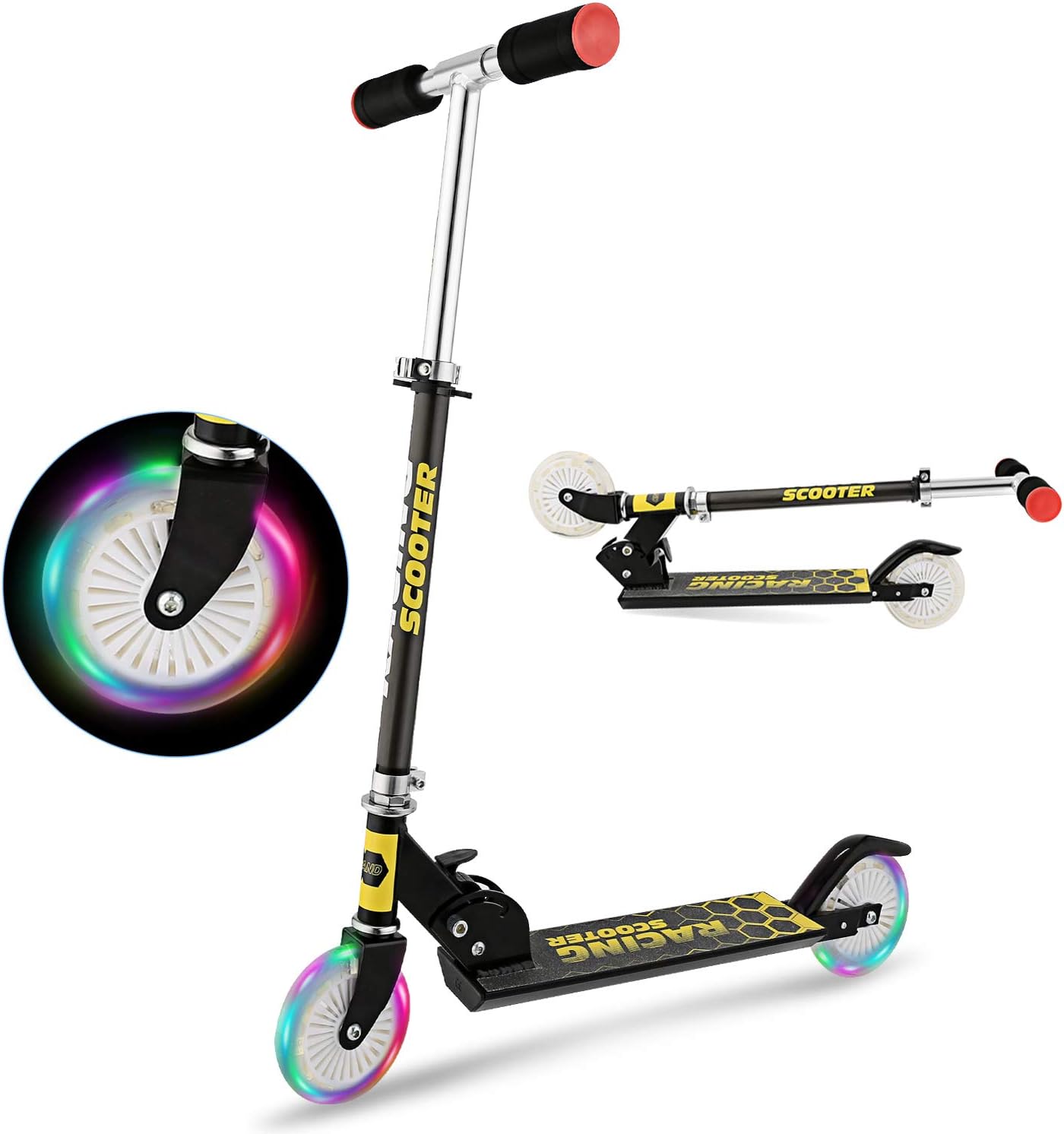 YUEBO Kick Scooter for Kids with LED Light Up Wheels, Adjustable Height, Lightweight Folding Kids Scooters 2 Wheel for Girls Boys, Rear Fender Break, 110lb Weight Capacity