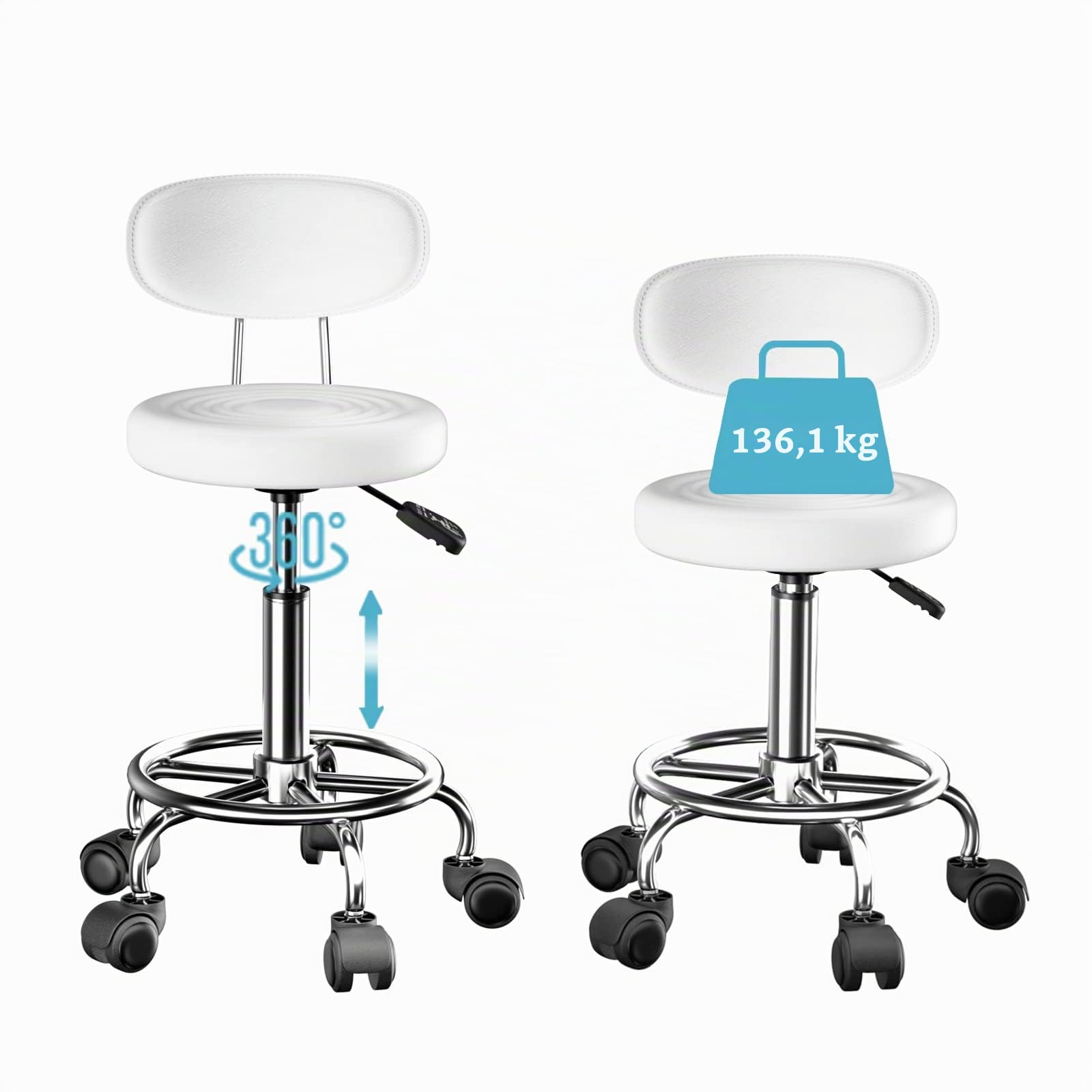 Juego de 2 Taburete Giratorio con Ruedas, Taburete Blanco con Ruedas, Taburete Acolchado y Respaldo Altura Ajustable 47-62cm, Taburete Peluqueria Silla Maquillaje Taburete de Oficina