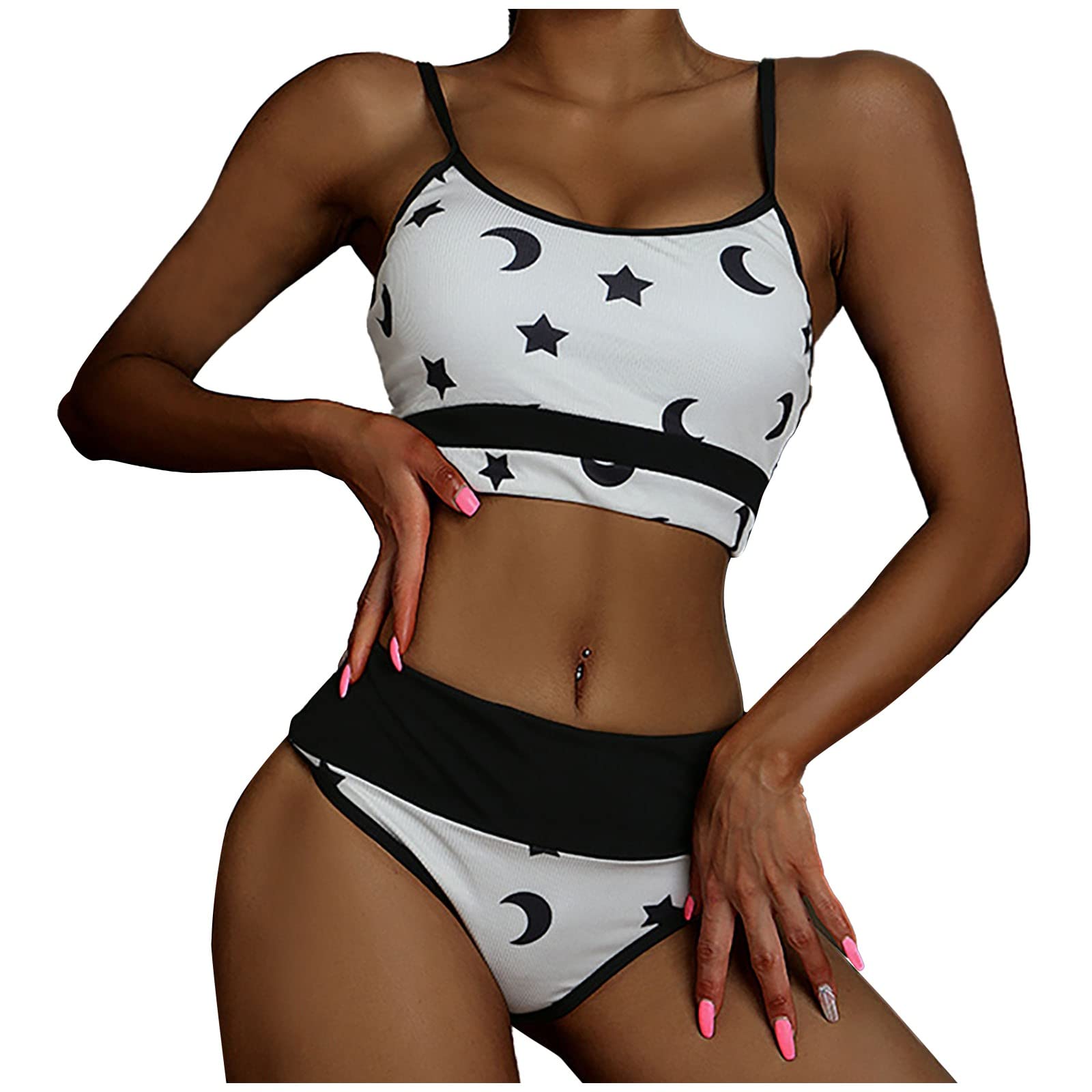 SandwindWomen's Swimsuit Star Moon Print Two-Piece Split Bathing Suit High Waist Athletic Wrap Tummy Control Swimwear