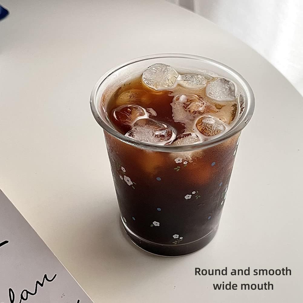 Set of 2 12 OZ Floral Drinking Glasses French Glass Coffee Cup Cute Flower Glass Cups for Iced Coffee,Tea,Juice,Latte,Milk,Dessert,Stackable Glassware Drinkware Set(white yellow) - Image 4