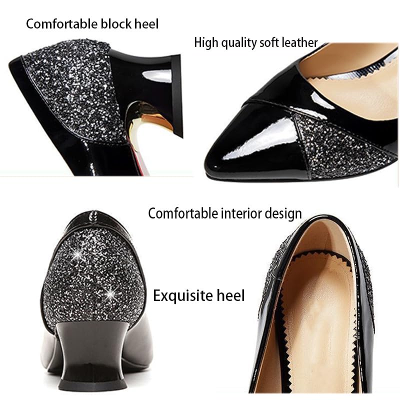 AngryMonkey Women's Pointed Toe Kitten Low Block Heel Pumps Shoes Sexy with Rhinestones Glitter Patent Leather Closed Slip On Bridal Dress Wedding Shoe4