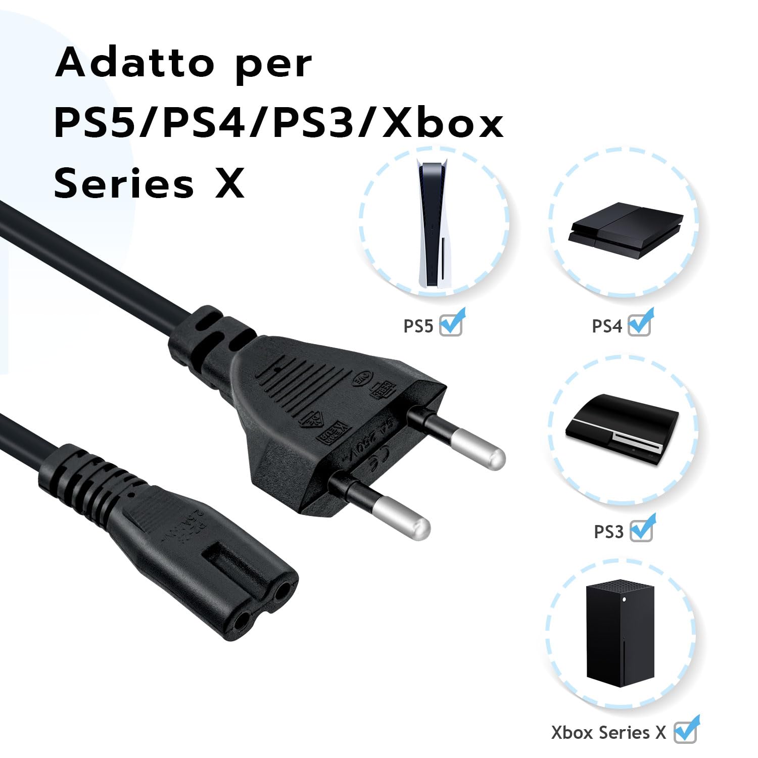 Mcbazel 1.5M IEC 320 C7 Cavo di Alimentazione Power Cable con 2 Pin Euro Cavo di Alimentazione per PS5/ PS4/ PS3/ Xbox Series X/S - Nero