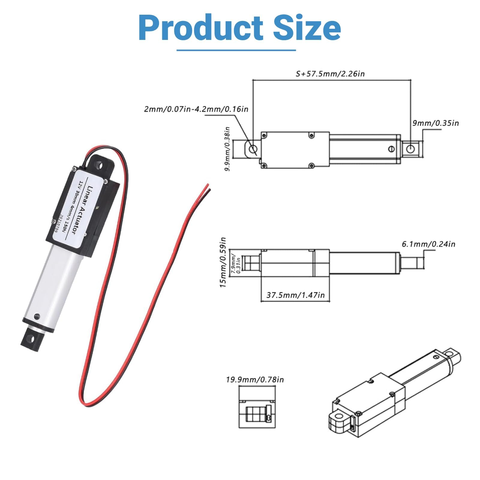 Actuador Lineal Eléctrico DC 12V 30mm 150N 4mm/s Impermeable