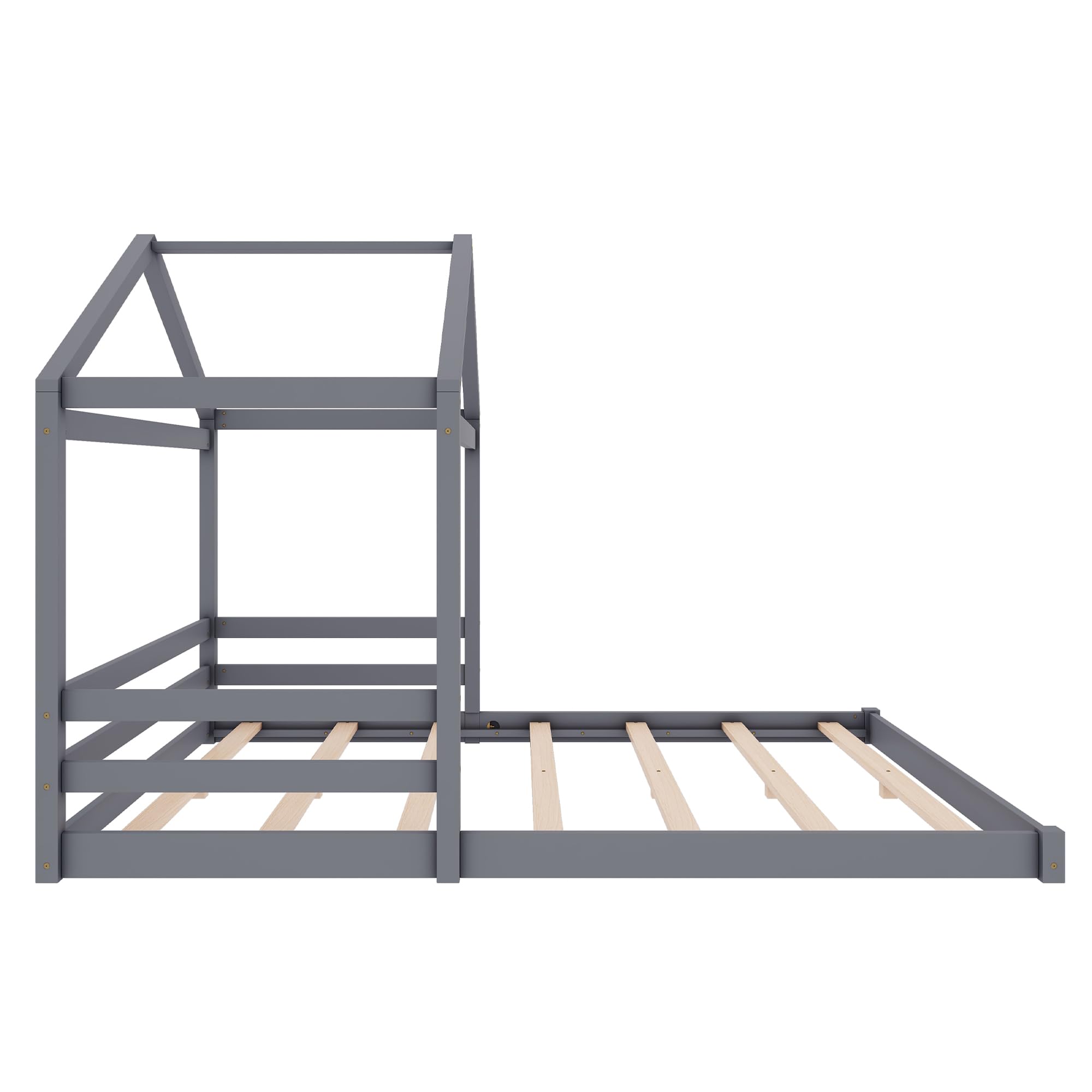 Kinderbett 140x200 cm, Bodenbett mit Hausform, Bettgestell mit Lattenrost | Ohne Matratze, Holzbett Bett für Kinder Jugendliche Kiefernholz+MDF Grau