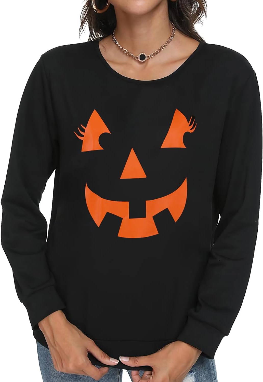 Women Halloween Sweatshirts Pumpkin Face Dancing Skeleton Shirt Long Sleeve Sweater Funny Graphic Pullover - Image 3