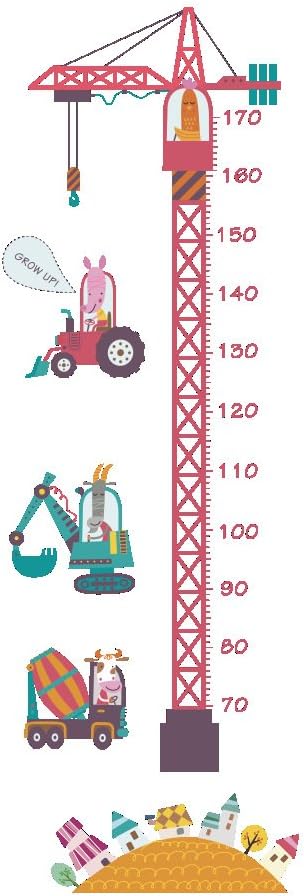 Woodland Arts 20 inches x 59 inches Goat Cow Animal Construction Vehicles Truck Educational Learning Measurement Growth Chart Removable Vinyl Wall Decals Stickers for Children Room Nursery
