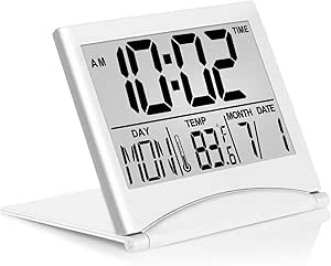 Betus Digital Travel Alarm Clock - Foldable Calendar &amp; Temperature &amp; Timer LCD Clock with Snooze Mode - Large Number Display, Battery Operated - Compact Desk Clock for All Ages (Silver)