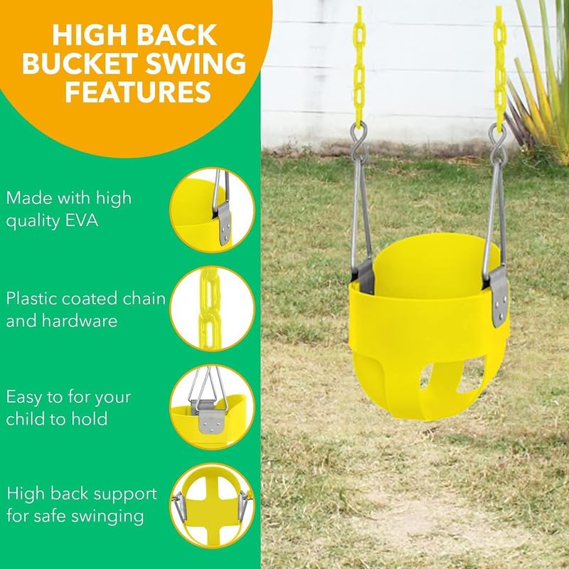 Image of Heavy-Duty High Back Full Bucket Toddler Swing Seat with 60 inch Coated Swing Chains and Carabiners for Easy Install Fully Assembled (Yellow)