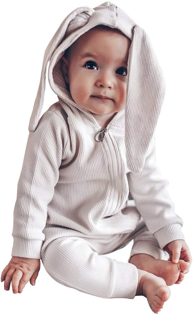 Simplee kids Animal Bunny Baby Easter Romper Long Ear Rabbit Hoodie Romper Jumpsuit with Zipper