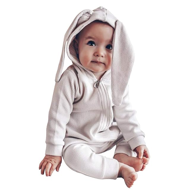 Simplee kids Animal Bunny Baby Easter Romper Long Ear Rabbit Hoodie Romper Jumpsuit with Zipper