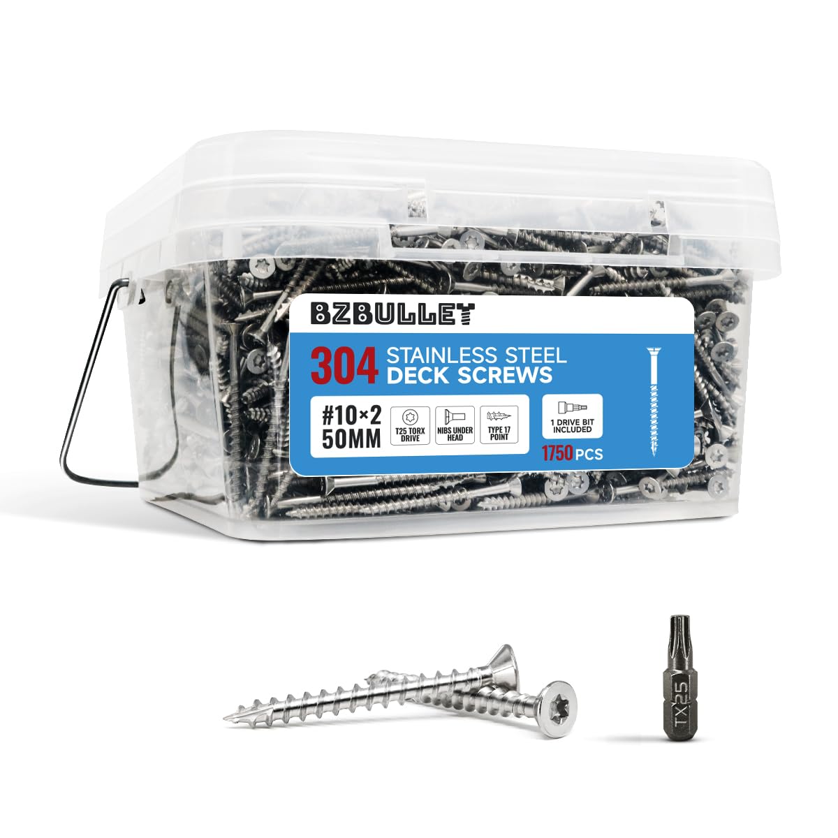 BZBULLET#10 X 2 Inch 304 Grade Stainless Steel Deck Screws Wood Screws, Flat Head T25 Star Drive, Type 17 Auger Tip with a Free T25 Star Drive Bit for All Outdoor Wood Construction（1750 pcs/16.94 lbs）