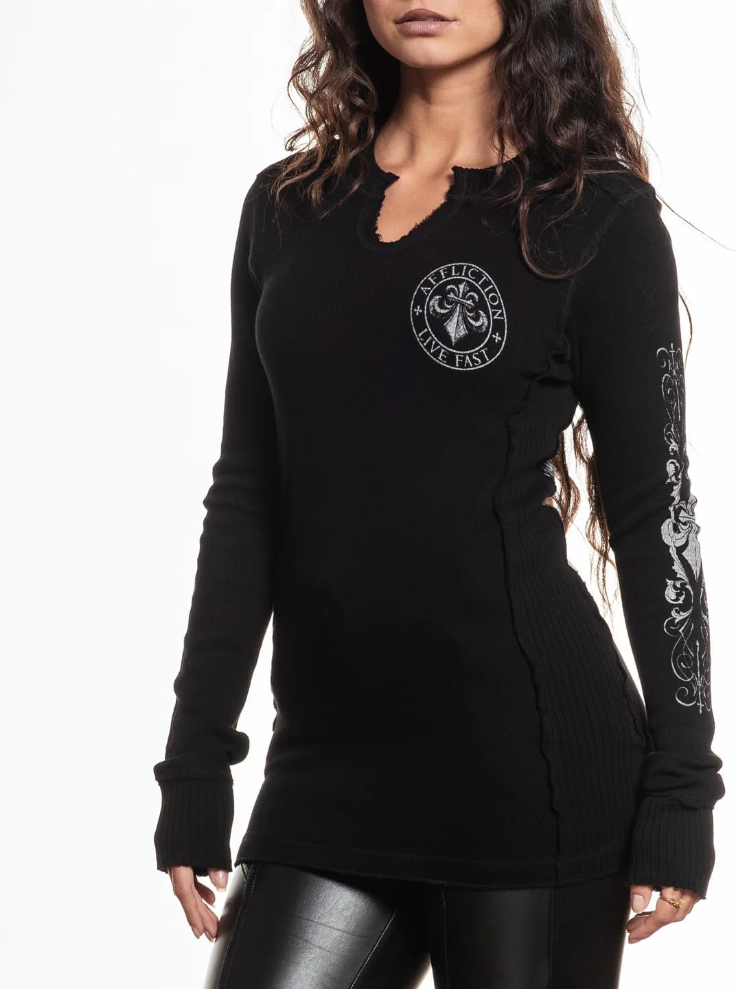 Affliction Women's Long Sleeve Thermal Shirt Shirt, Gothic Rock Style with Front Logo, Back Wing Design