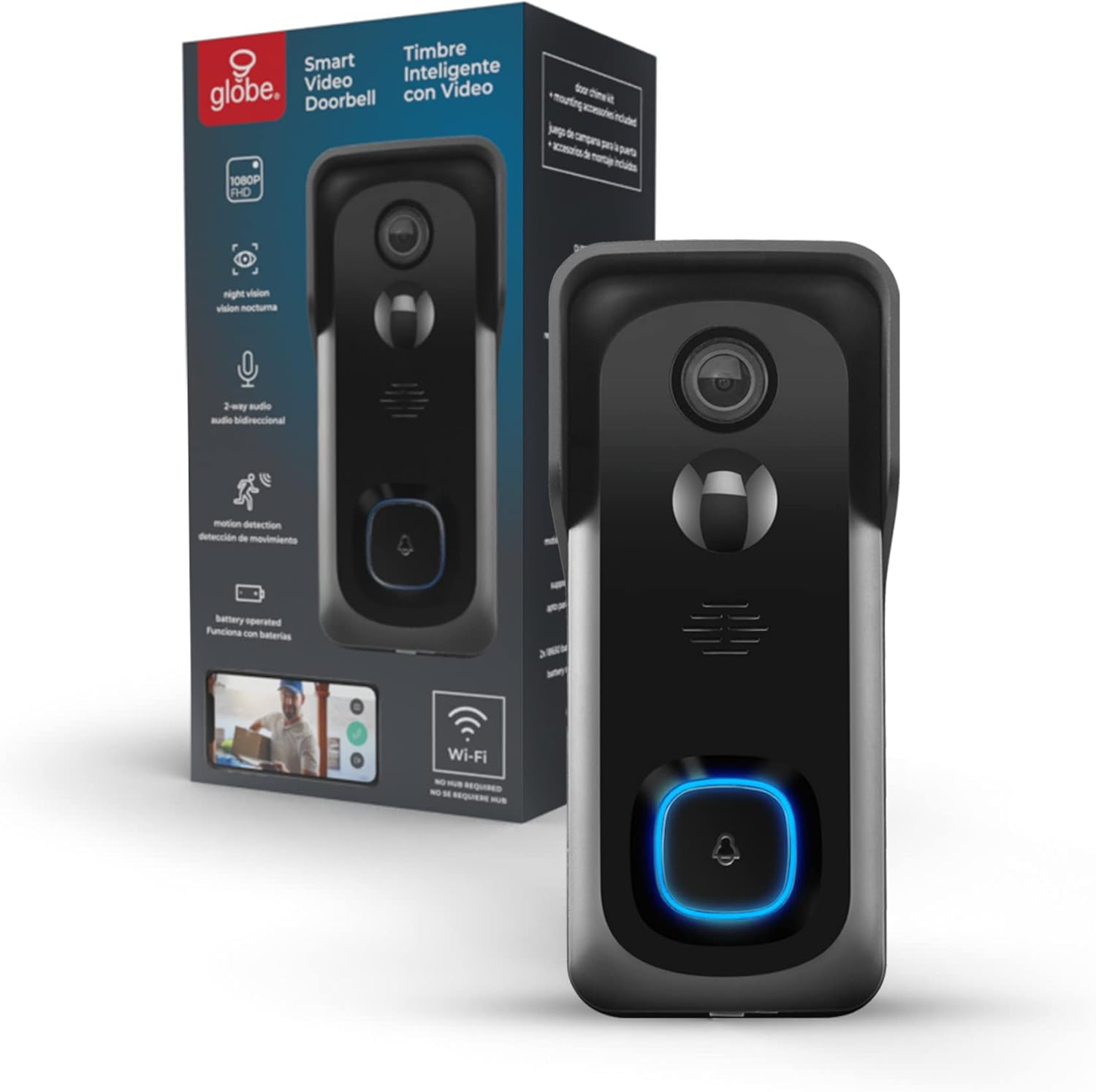 Globe Electric 50138 WiFi Smart Video Doorbell, Battery