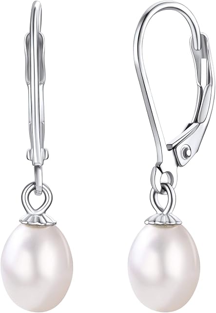 Silvora Freshwater Pearl Hoop Earrings 6MM/8MM Pearl with Sterling Silver Hoops Dangle Earrings for Women Teen Girls