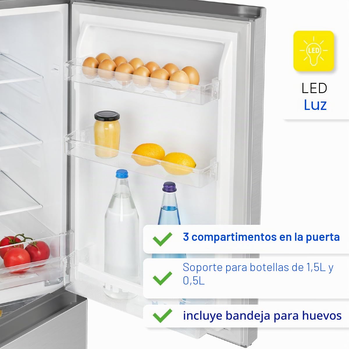 Bomann® Frigorífico con congelador, clase energética D, 143 cm, congelador silencioso de 39 dB, 3 estantes y 3 cajones, tope de puerta intercambiable, combinación de congelador de 175 l, KG 322.1 inox