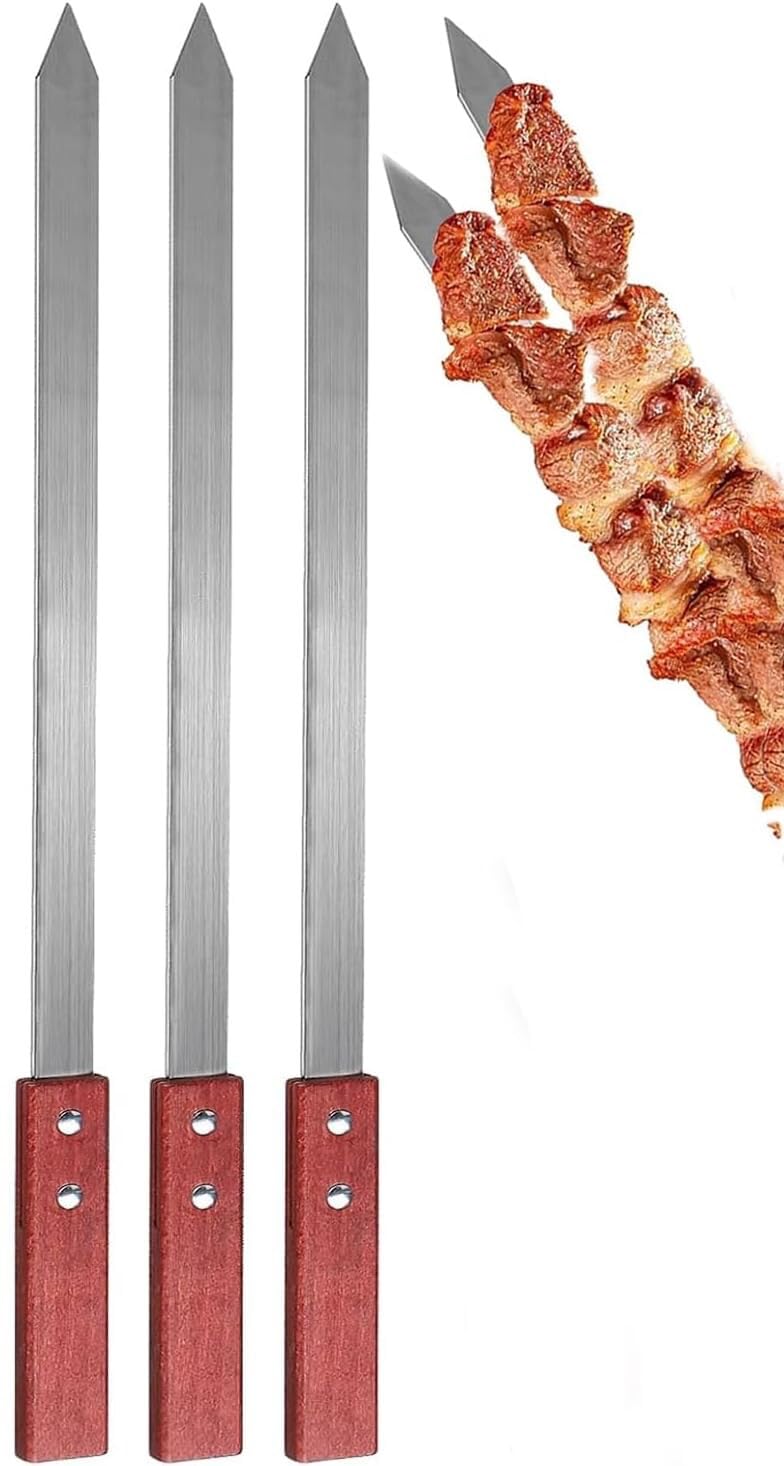 D.I.L© Long BBQ Barbecue Skewers, Wooden Handel Set of 3XBBQ Grilling Kebab Skewers Flat Reusable Metal Skewer Sticks for BBQ, Cocktail, Shish Kabob, 60CM Long