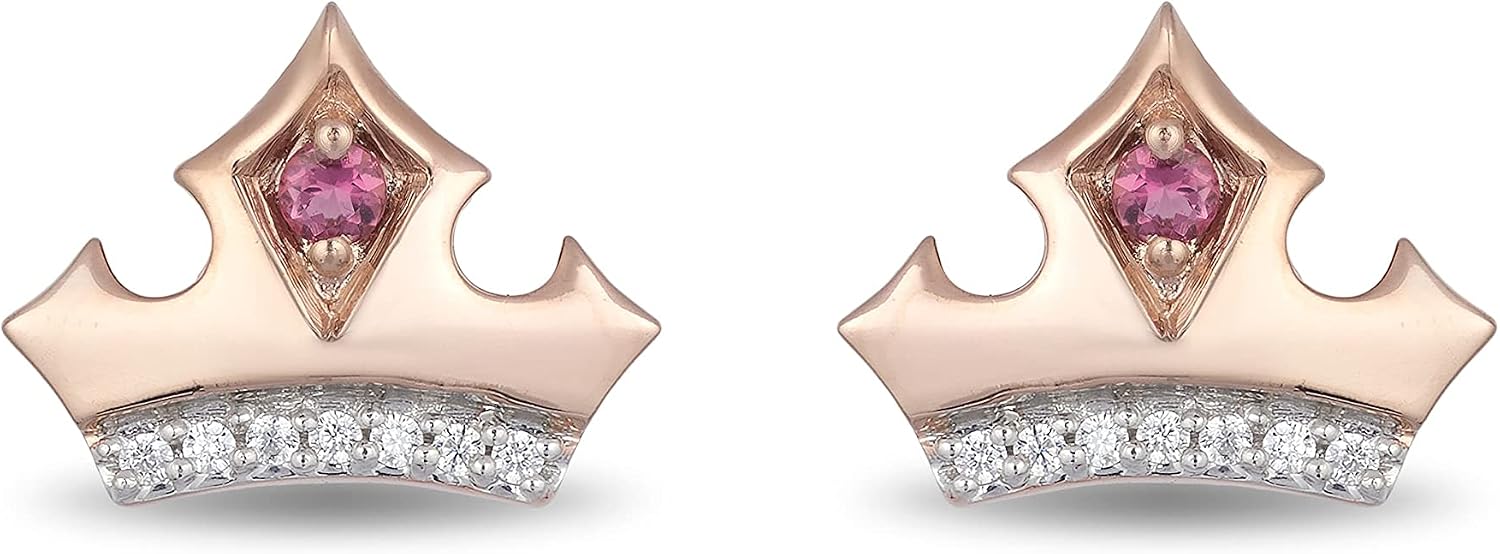 Jewelili Enchanted Disney Fine Jewelry 10K Rose Gold 1/20 CTTW Pink Topaz Aurora Tiara Earrings
