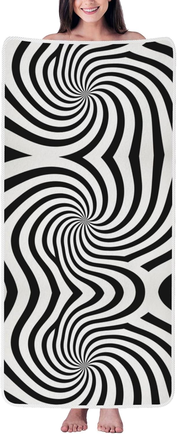 Black and White Dizzy Lines Coral Velvet Bath Towel - Soft Absorbent Bath Towel for Bathroom, Spa, Travel and Beach