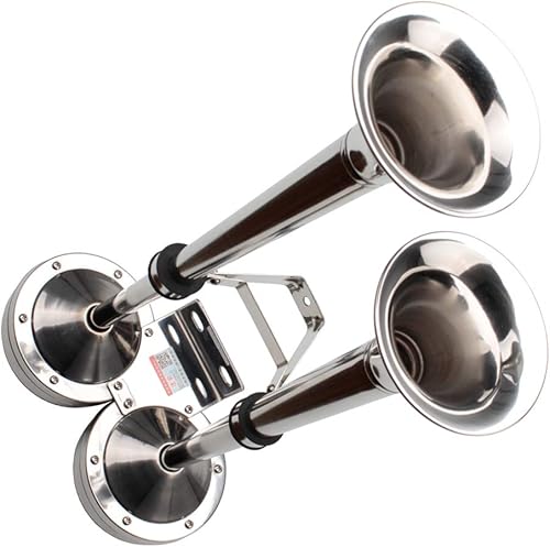 Miniatura 3 de FARBIN Bocinas de barco marino de 24 V, trompeta doble de acero inoxidable, bocina eléctrica con soporte de montaje, para lanchas de carga de 24 V,