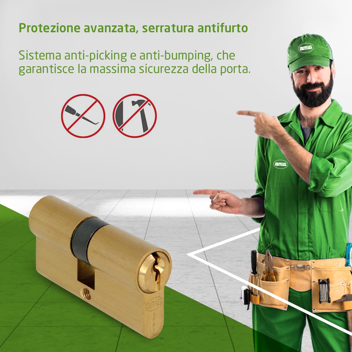 AMIG - Cilindro per Serrature - Misura: 90 mm (45-45M) - Mate - 6 Perni - Sistema Anti-gancio e Anti-bumping - Perni Anti-perforazione - Include 3 Chiavi - Vite di Fissaggio da 65 mm