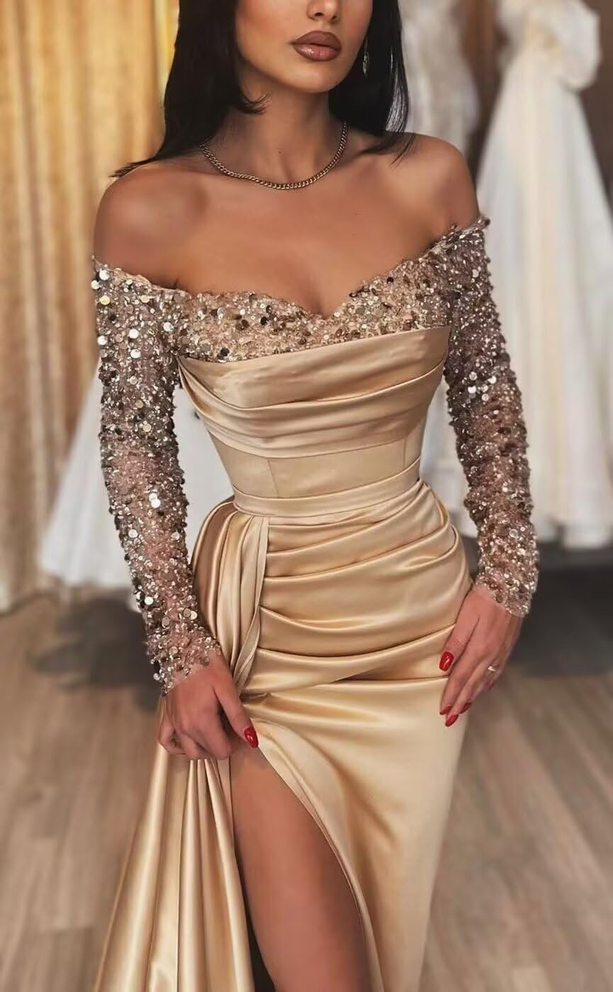 Long Sleeves Sequin Prom Dresses for Women 2026 Mermaid Satin Formal Evening Gowns Long Off Shoulder Cocktail Dress