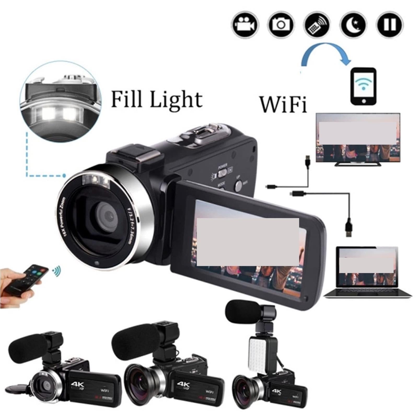 Kamera Wideo 4K. Zoom Cyfrowy 16x. Wbudowane Światło Wypełniające