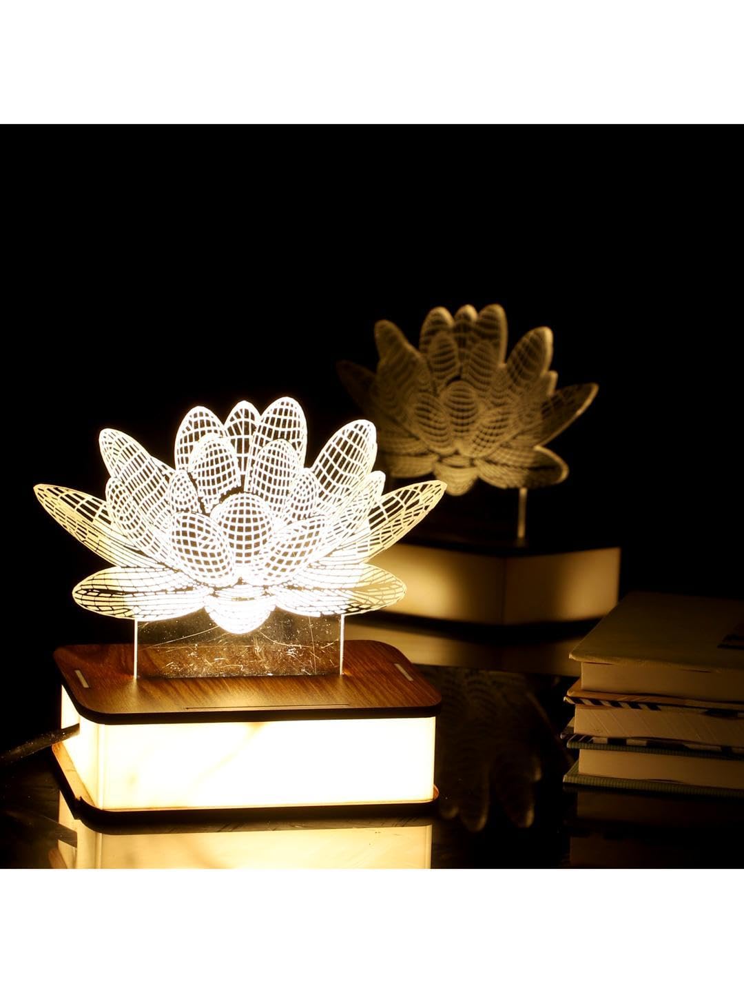 Somil 3D Led Illusion Lotus Night Light & Table Lamp with White and Yellow Design, Featuring Elegant Wood Fitting. Material: Wood & Acrylic, Dimensions: 13 X 10 X 13 CM-image-13