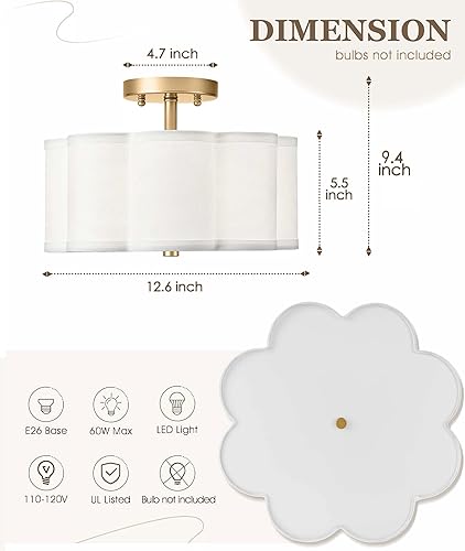 Miniatura 10 de Audickic AD-22007-4SF-BK - Lámpara de techo semiempotrada color negro con pantalla de tela en forma de cuadrifolio, lámpara de techo de 13 pulgadas