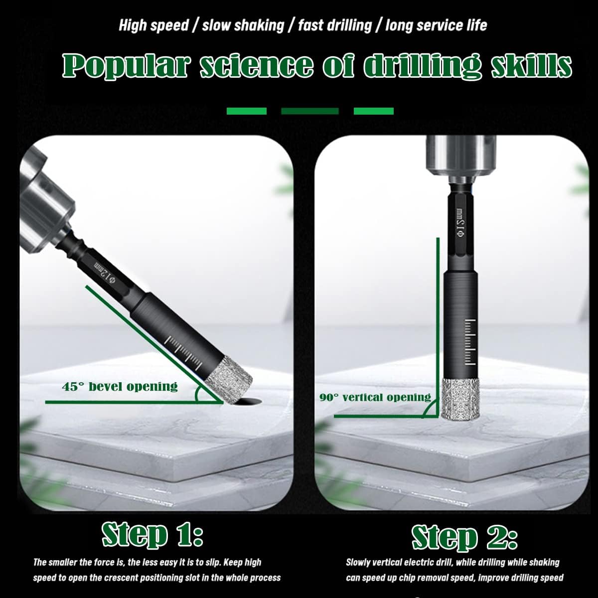 8 PCS Black Dry Diamond Drill Bits Set, Hex Shank Diamond Hole Saw Kit with Storage Bottle, for Granite Marble Tile Ceramic Stone Glass Hard Materials (Not for Wood) with Size 3/16'' to 9/16''