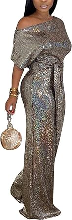 LKOUS Women's Sequin Jumpsuit Off Shoulder Tummy Control Wide Leg Formal