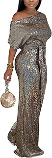 Women's Off Shoulder Sequin Jumpsuit Tummy Control Wide Leg Formal Outfi...