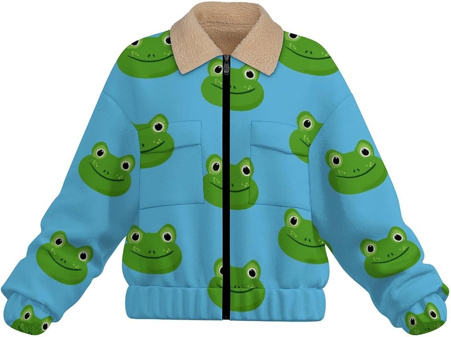 Women Winter Sherpa Lined Fleece Jacket, Long Sleeve Zip Up frog Fuzzy Cropped Coats Warm Soft Polar Outwear