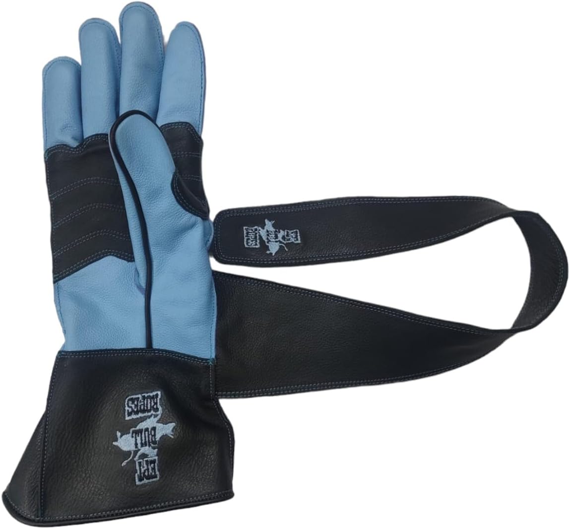 EPT Bull Ropes Premium Reinforced Bull Riding Glove w Strap - Adult & Youth Outer Seam Right or Left Hand Black & Blue Calf Skin Sizes: 5.0-10.5