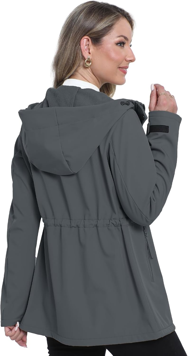 Women's Softshell Jacket Lightweight Waterproof Windbreaker Hooded Fleece Lined Insulated Coat for Outdoor Travel - Image 3