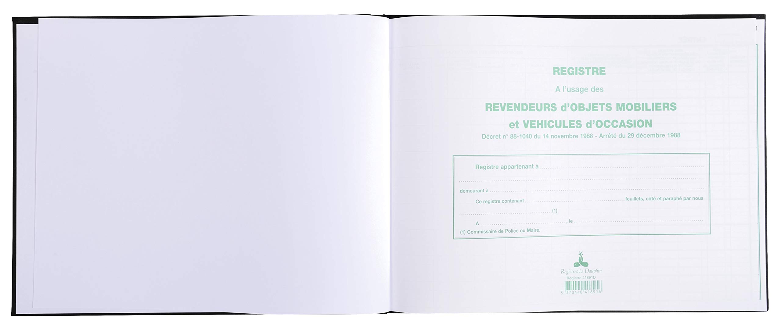 Le Dauphin- Réf. 41891D - 1 Registre d'objets mobiliers et véhicules d'occasion - livre de police - Dimensions 24 x 32 cm - registre de 110 pages - Couverture rigide recouverte d'une toile noire