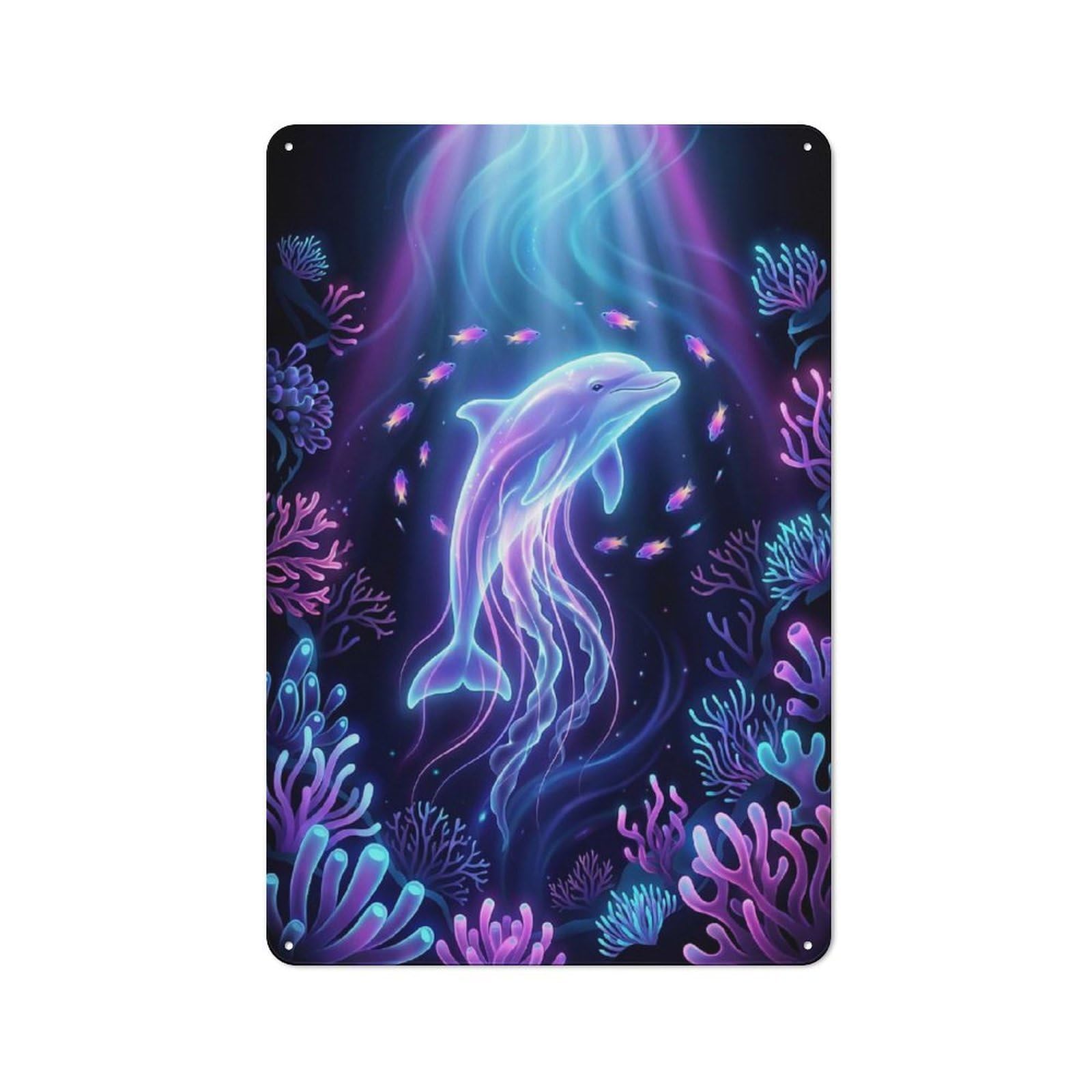 Junmoney Style-19 Retro Metal Wall Plaque 30X20cm Featuring Bioluminescent Dolphin In Coral Reef, Room Wall Plaque For Hallway, Home Bar, Garage Or Study