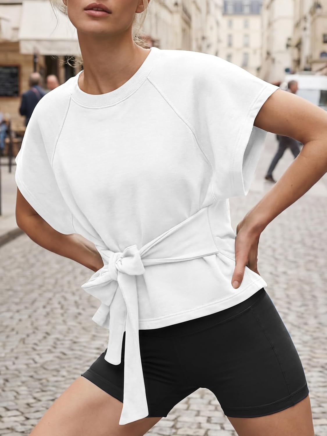 Fisoew Womens Summer Short Sleeves Tee Tops Crewneck Sweatshirt Tie Front Casual 2026 Trendy Fashion T Shirt
