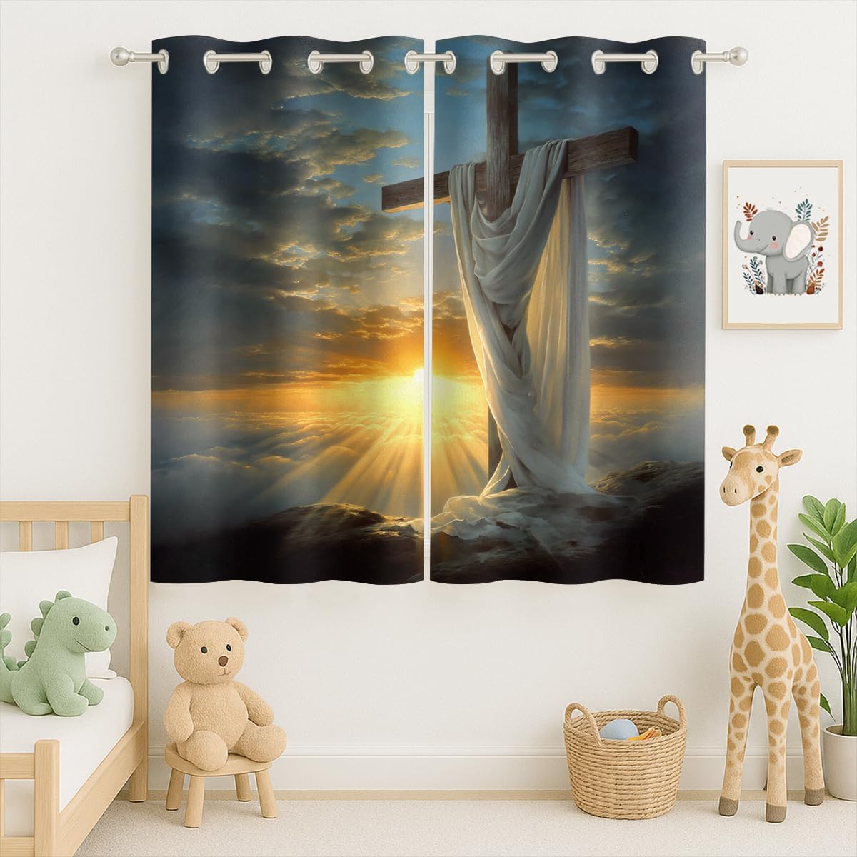 Jesus Cross Curtain, Sunset Sunrise Mountain Christ Easter, Grommet Curtains for Home Chapel or Spiritual Study Area, 55 x 63 Inch, Thermal Insulated Darkening Drapes