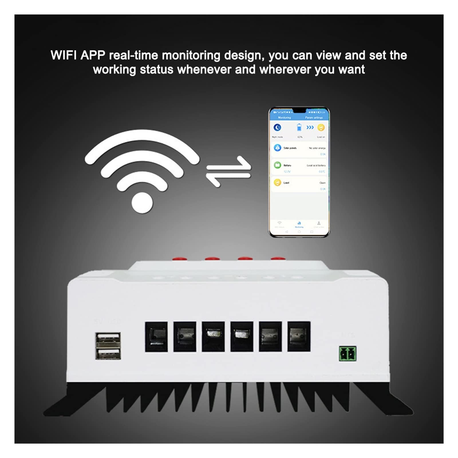 Controlador de carga solar Controlador de carga solar MPPT Control de aplicación de teléfono móvil 20/30/40/50/60A Controladores de 12V / 24V Pantalla LED de monitoreo de datos en tiempo real Controla