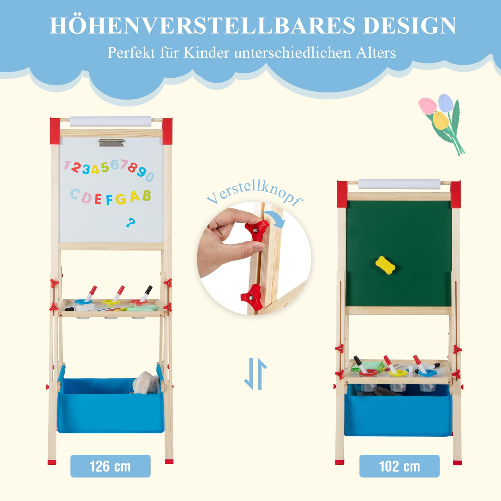 GOPLUS 3-in-1 Staffelei für Kinder, doppelseitige Kindertafel mit magnetischem Whiteboard, Papierrolle, Ablage & Malzubehör, höhenverstellbare Standtafel mit Aufbewahrungstasche für Kinder 3-8 Jahren