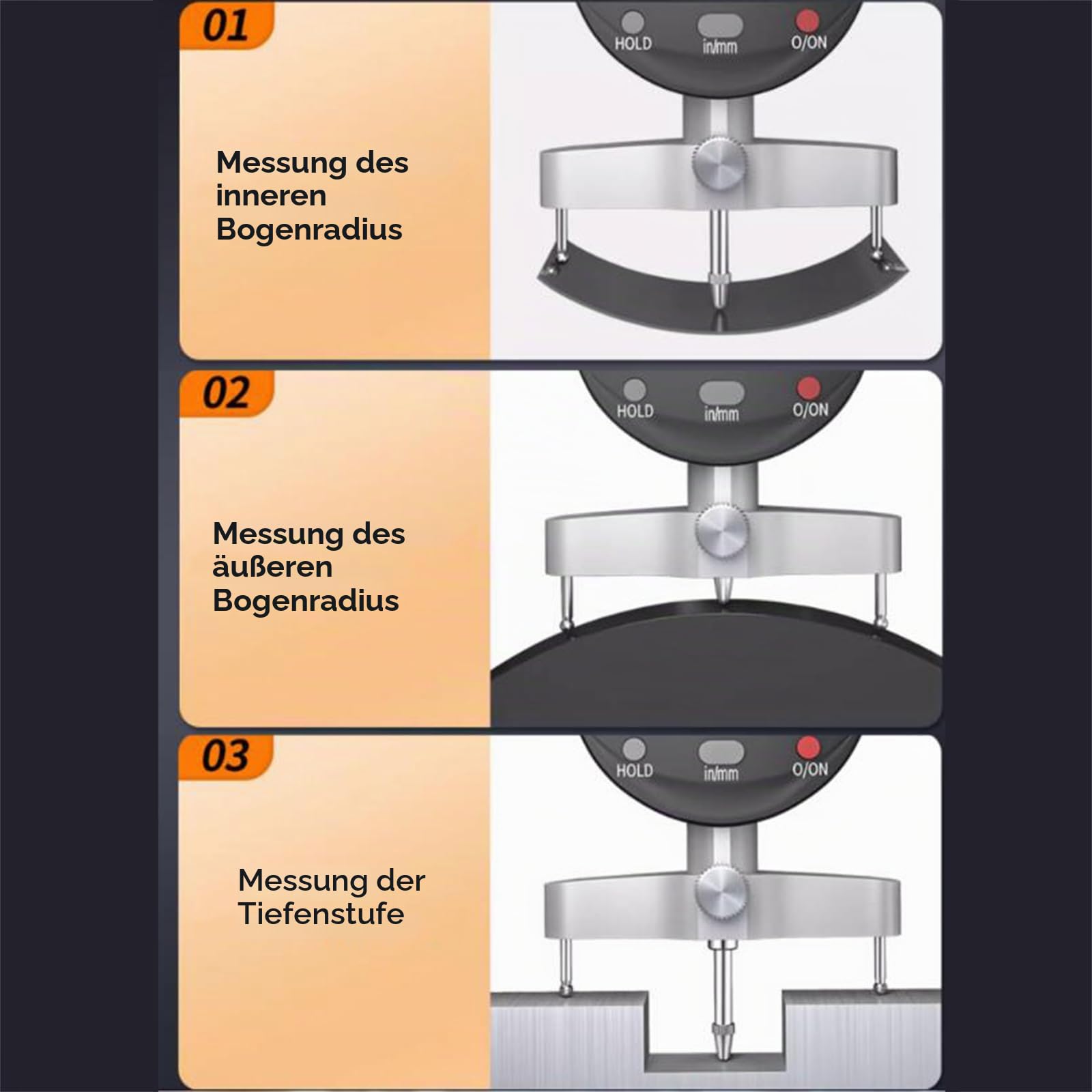 Digitales Radius-Messgerät, elektronisches Radius-Messgerät innen und außen, mit Messbacken von 10 mm/20 mm/30 mm/60 mm/100 mm, hohe Genauigkeit, für mechanische Teile, Holzformen