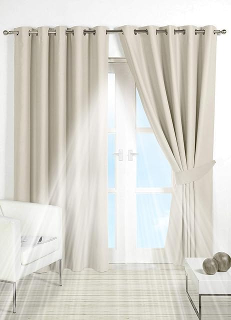 PAIR of BLACKOUT CURTAINS Super Soft Solid Thermal INSULATED EYELET Ring Top Curtains BLACKOUT Window CURTAINS for Living Room Bedroom Including Two Matching Tie Backs (Cream / Ivory, 66" x 90")