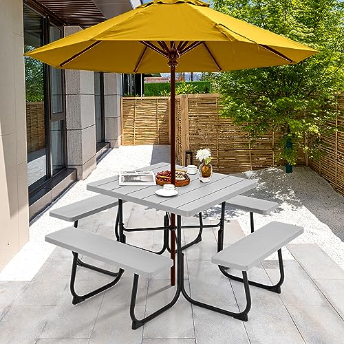 Image of Tangkula 8 Person Picnic Table, Outdoor Square Picnic Table with 4 Built-in Benches, Umbrella Hole, Metal Frame & HDPE Tabletop, Outside Table and Bench Set for Backyard, 2300lbs Weight Capacity