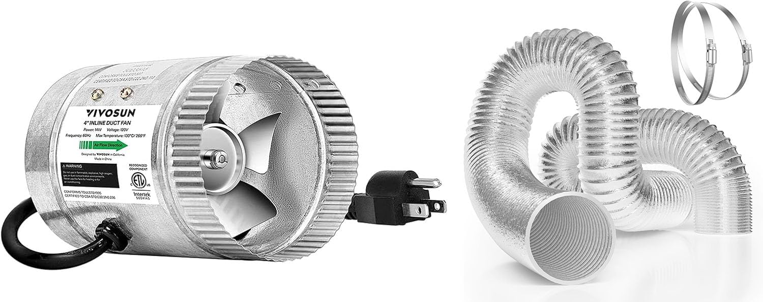 VIVOSUN 4 Inch Inline Duct Fan 100 CFM with 4 Inch 8 Feet Non-Insulated Flex Air Aluminum Ducting for Heating Cooling Ventilation and Duct Fan Systems