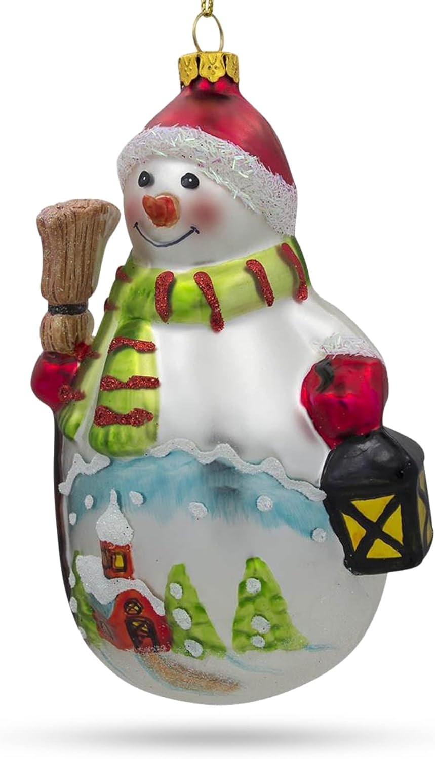 Snowman Holding Broom and Lantern Glass Christmas Ornament - Image 7