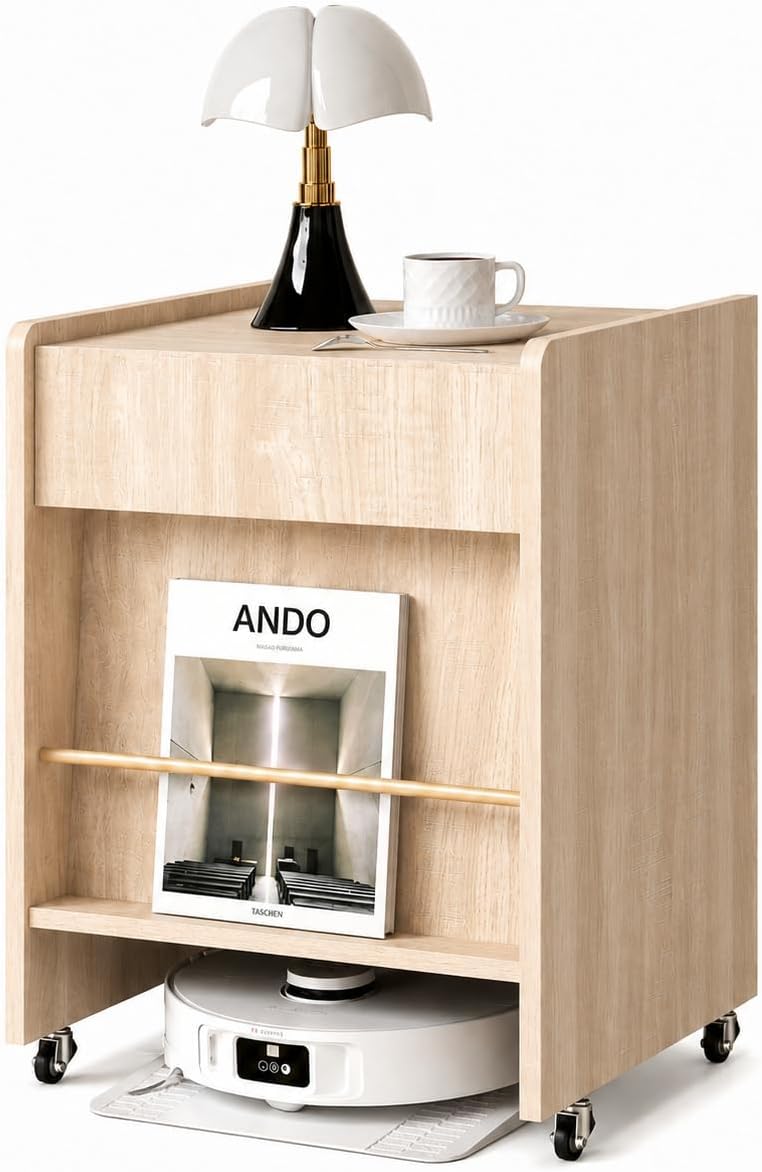 Robot Vacuum Stand Cabinet, Storage Cabinet with Doors for Robot Vacuum Cleaner, End Side Table for Home Office, Wood Freestanding Rack, Easy Water Refill Without Moving Dock