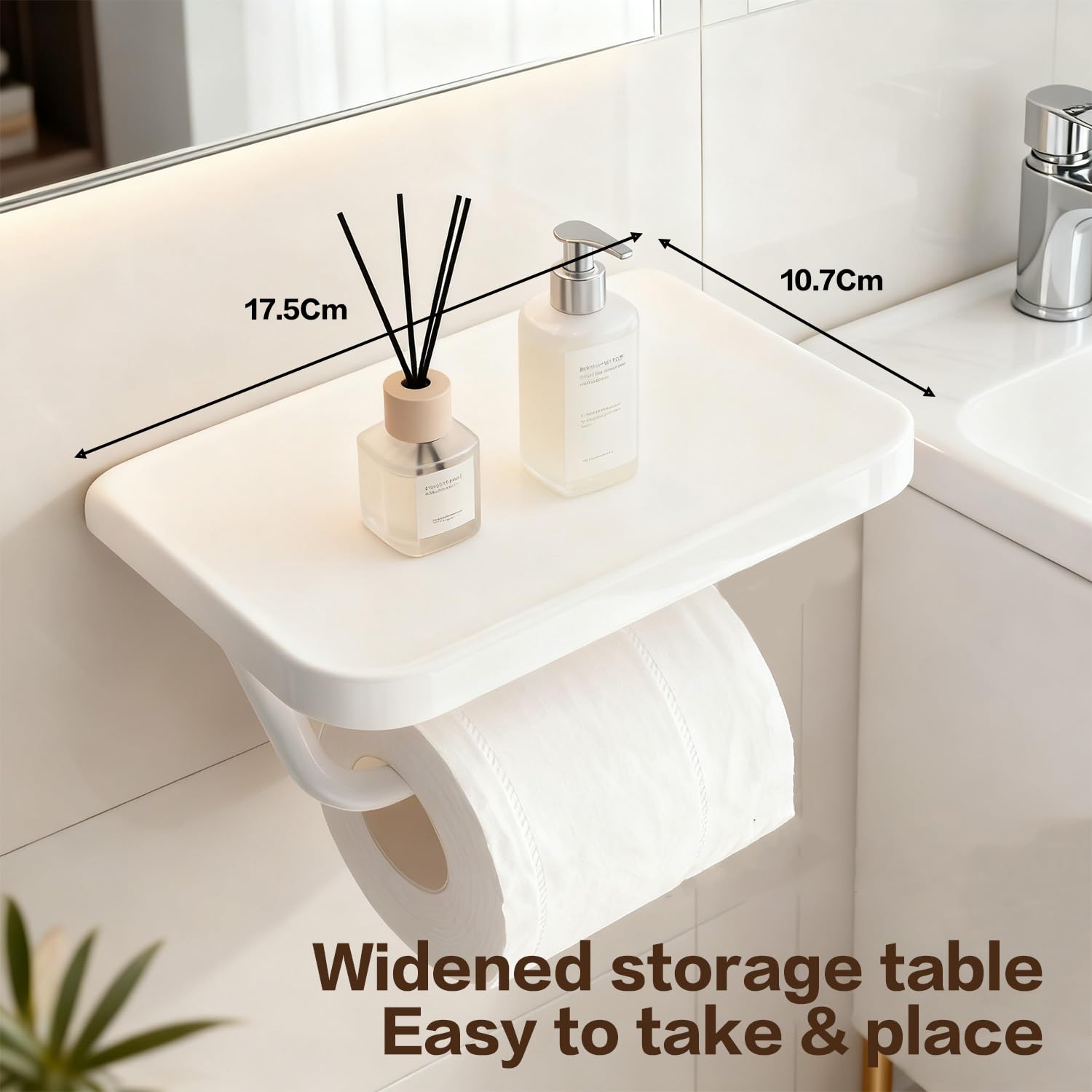 Self Adhesive Toilet Paper Holder with Shelf, No Drill Wall Mounted Bathroom Tissue Holder, Sticky TP Roll Holder with Phone Shelf for RV, White — Amazon image 4