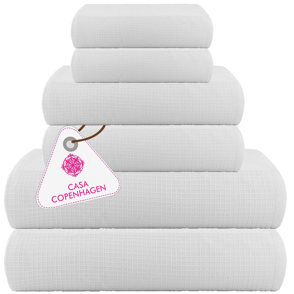 Casa Copenhagen Juego de 6 Toallas de baño, 600 g/m², Blanco | Waffle 100% algodón egipcio puro para baño, cocina y ducha: 2 toallas baño, 2 de mano, 2 paños (set regalo mujer y hombre)